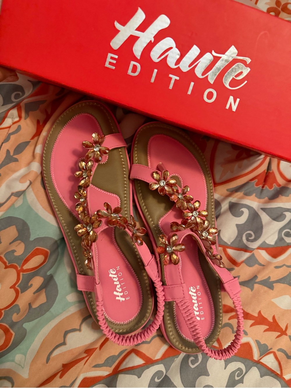 Haute Edition Pink Jeweled Floral Sling Sandals